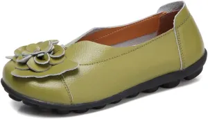 WERWAES Casual Leather Loafers Shoes for Womens Slim Lightweight Soft Sole Flat Moccasins Shoes with Flowers Cowhide Round Toe Slip on Womens Loafer Indoor Outdoor Walking Womens Shoes