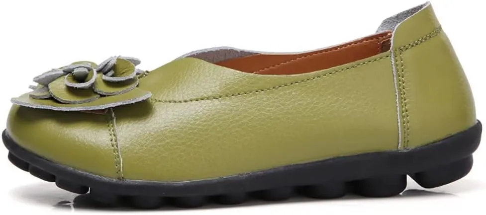 WERWAES Casual Leather Loafers Shoes for Womens Slim Lightweight Soft Sole Flat Moccasins Shoes with Flowers Cowhide Round Toe Slip on Womens Loafer Indoor Outdoor Walking Womens Shoes