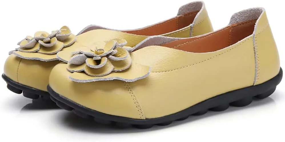 WERWAES Casual Leather Loafers Shoes for Womens Slim Lightweight Soft Sole Flat Moccasins Shoes with Flowers Cowhide Round Toe Slip on Womens Loafer Indoor Outdoor Walking Womens Shoes
