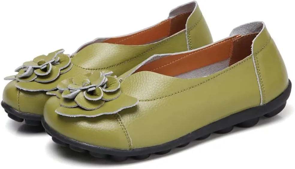 WERWAES Casual Leather Loafers Shoes for Womens Slim Lightweight Soft Sole Flat Moccasins Shoes with Flowers Cowhide Round Toe Slip on Womens Loafer Indoor Outdoor Walking Womens Shoes