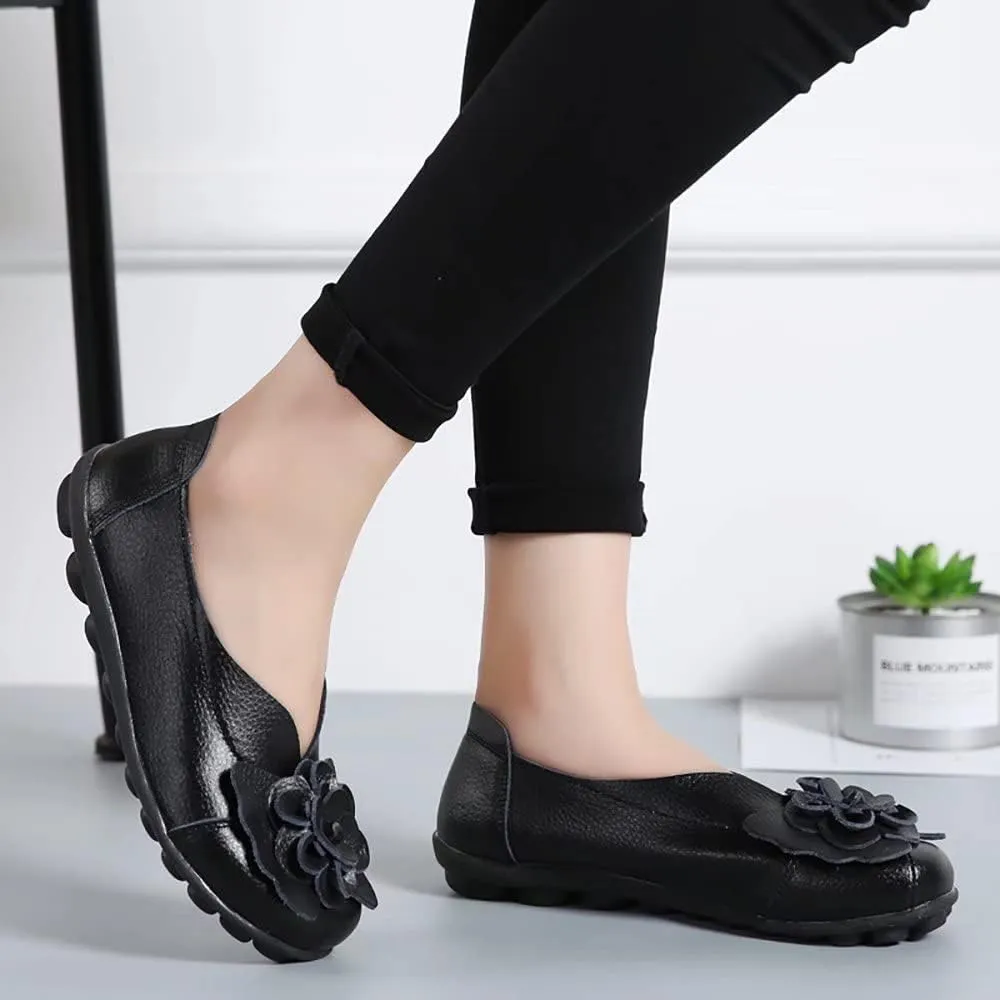 WERWAES Casual Leather Loafers Shoes for Womens Slim Lightweight Soft Sole Flat Moccasins Shoes with Flowers Cowhide Round Toe Slip on Womens Loafer Indoor Outdoor Walking Womens Shoes
