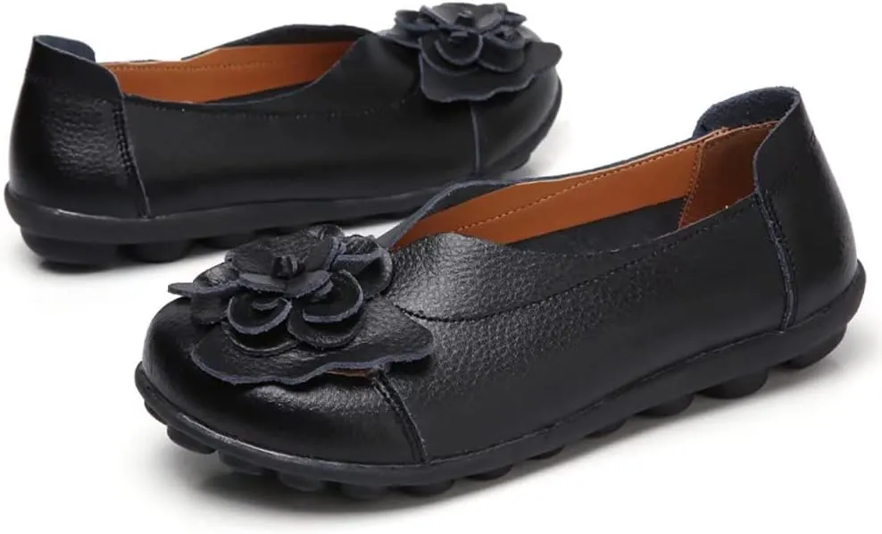 WERWAES Casual Leather Loafers Shoes for Womens Slim Lightweight Soft Sole Flat Moccasins Shoes with Flowers Cowhide Round Toe Slip on Womens Loafer Indoor Outdoor Walking Womens Shoes