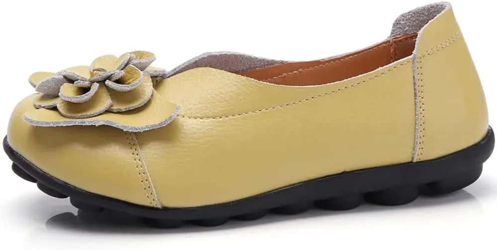 WERWAES Casual Leather Loafers Shoes for Womens Slim Lightweight Soft Sole Flat Moccasins Shoes with Flowers Cowhide Round Toe Slip on Womens Loafer Indoor Outdoor Walking Womens Shoes