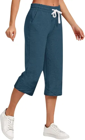 Wide Leg Capri Pants for Women Drawstring High Waisted Linen Palazzo Lounge Pants Summer Plus Size Comfy Sweatpant