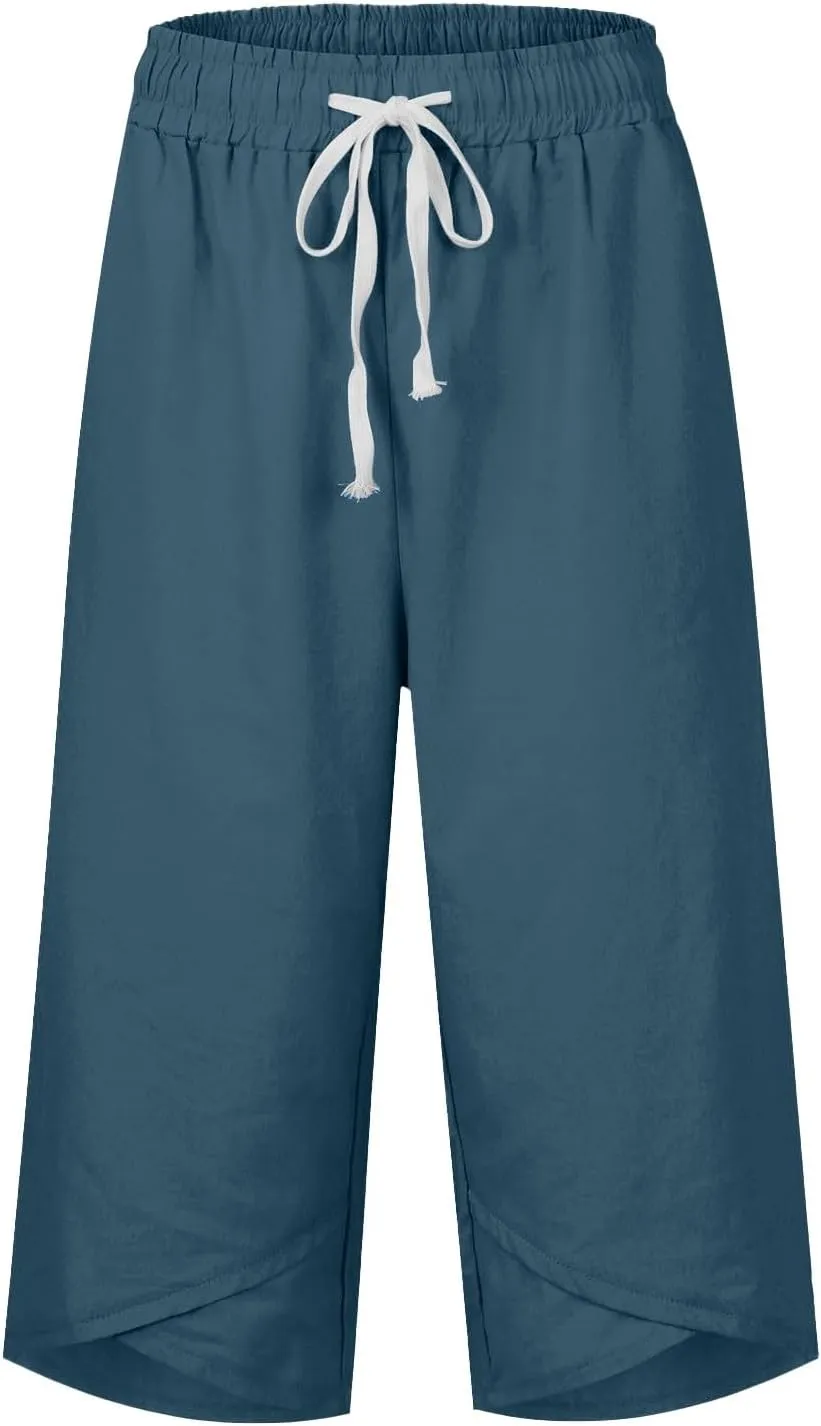 Wide Leg Capri Pants for Women Drawstring High Waisted Linen Palazzo Lounge Pants Summer Plus Size Comfy Sweatpant