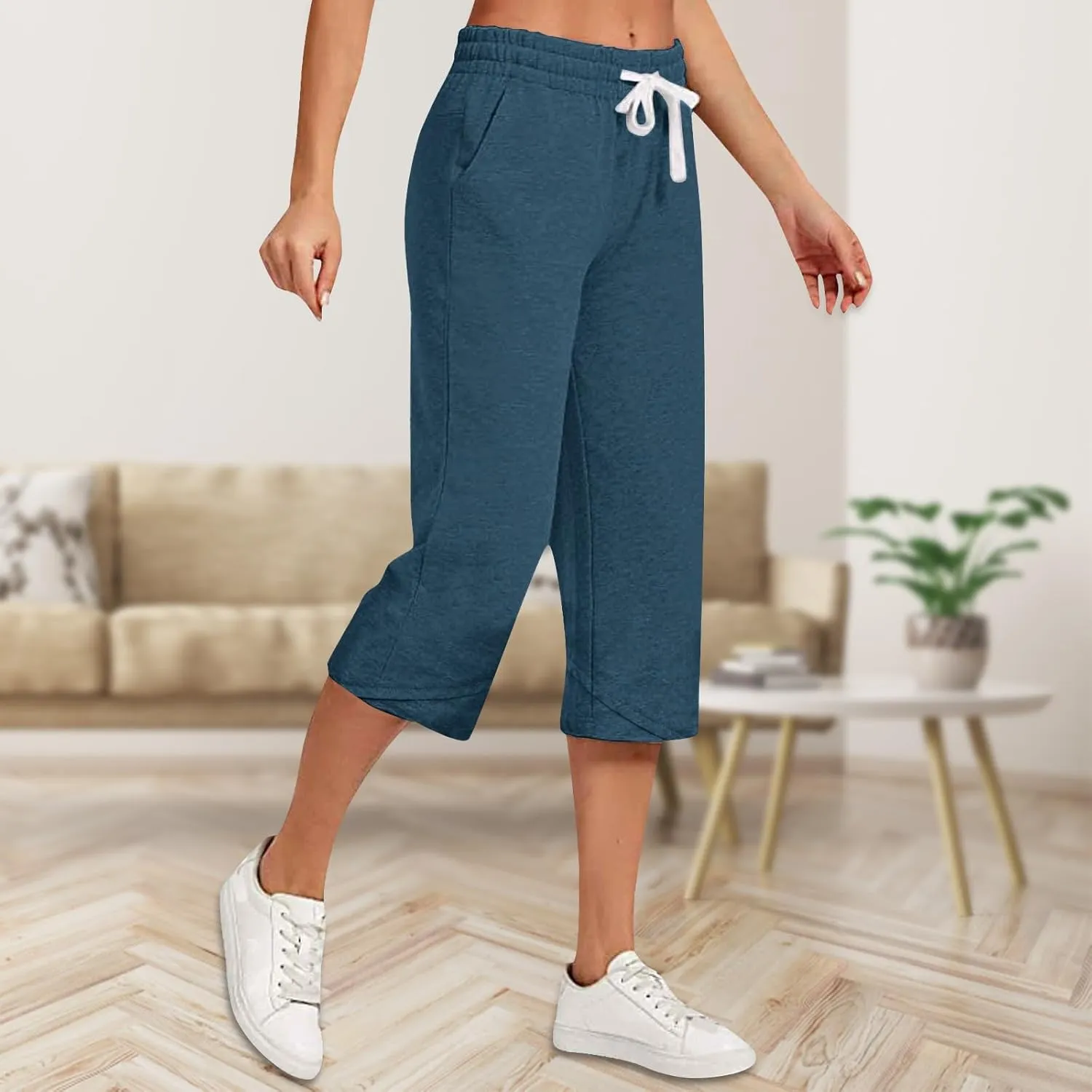 Wide Leg Capri Pants for Women Drawstring High Waisted Linen Palazzo Lounge Pants Summer Plus Size Comfy Sweatpant