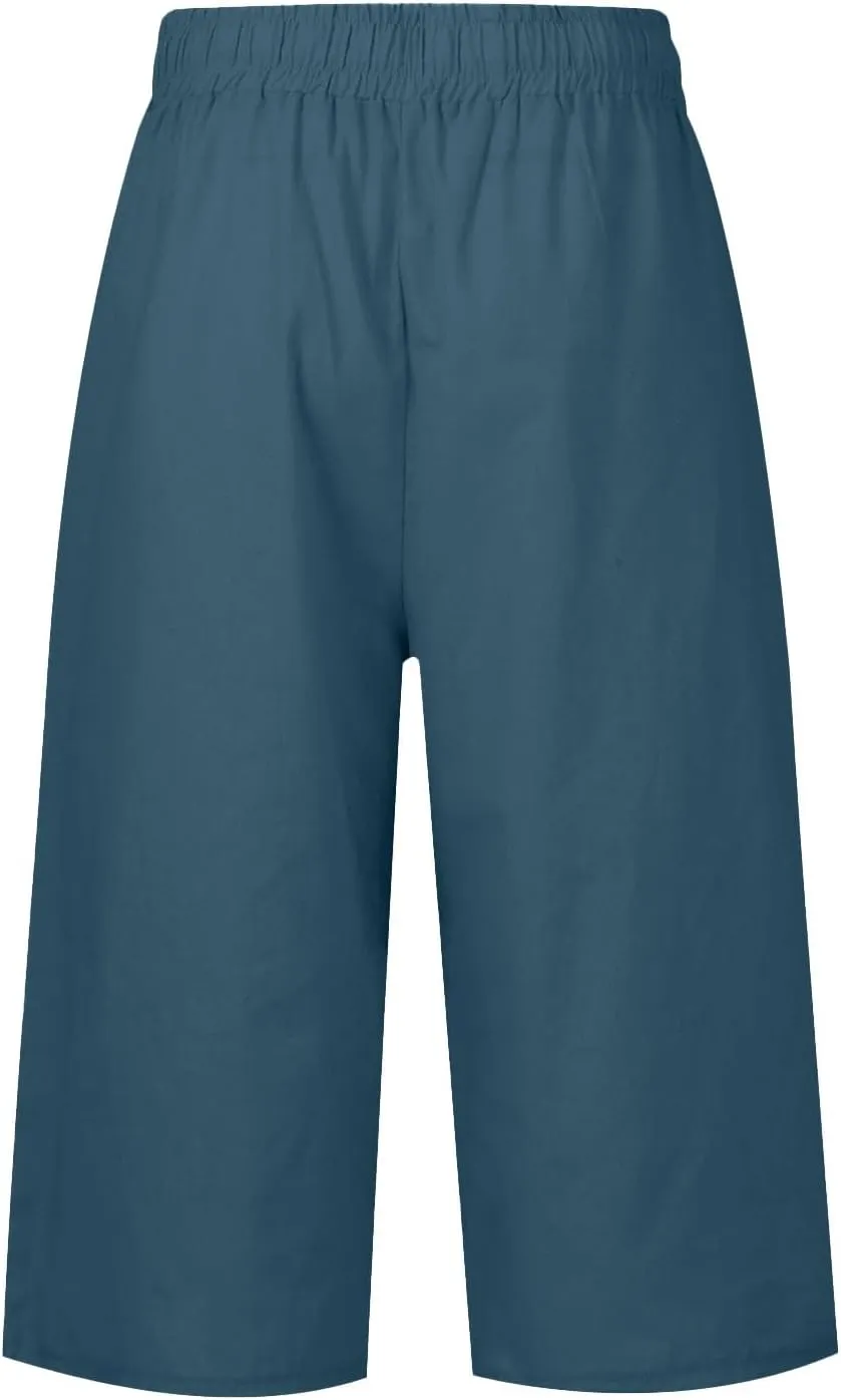 Wide Leg Capri Pants for Women Drawstring High Waisted Linen Palazzo Lounge Pants Summer Plus Size Comfy Sweatpant
