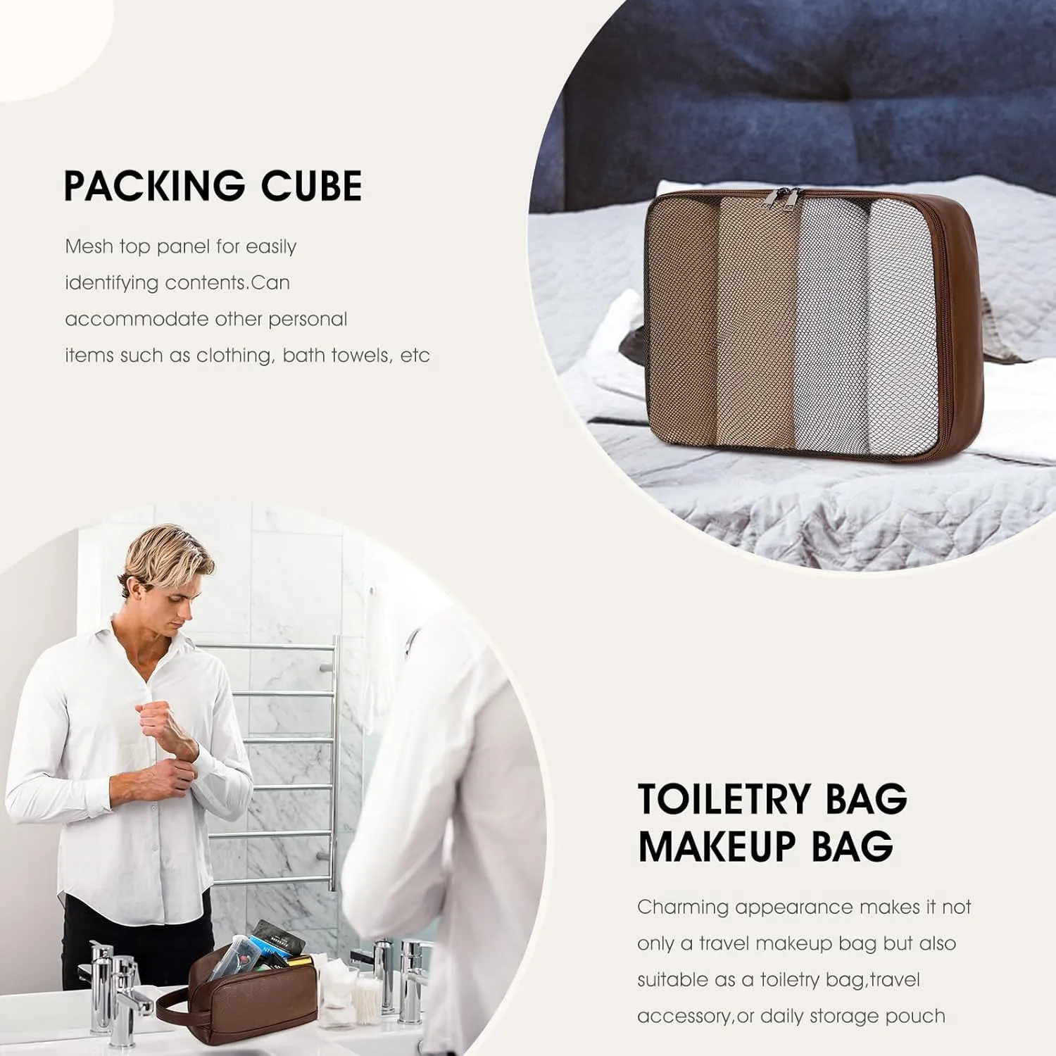 Wogarl 3PCS Faux Leather Weekender Bag for Women Men Large Overnight Bag Travel Duffel Bag with Shoe Compartment Toiletry Packing Cube Carry On Bag Fit 21" Laptop(Coffee)