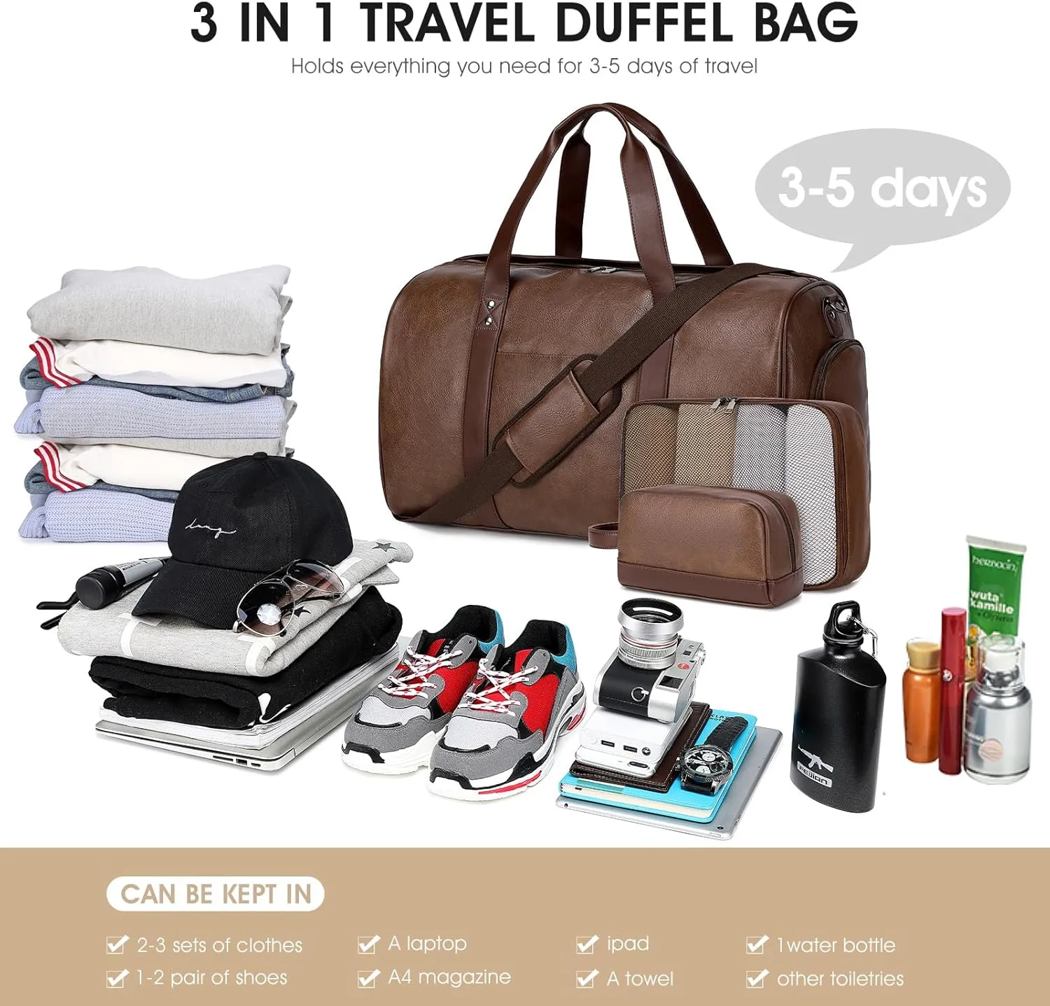 Wogarl 3PCS Faux Leather Weekender Bag for Women Men Large Overnight Bag Travel Duffel Bag with Shoe Compartment Toiletry Packing Cube Carry On Bag Fit 21" Laptop(Coffee)