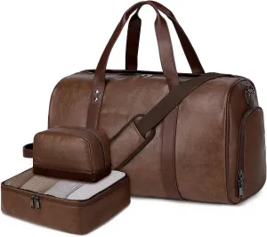 Wogarl 3PCS Faux Leather Weekender Bag for Women Men Large Overnight Bag Travel Duffel Bag with Shoe Compartment Toiletry Packing Cube Carry On Bag Fit 21" Laptop(Coffee)