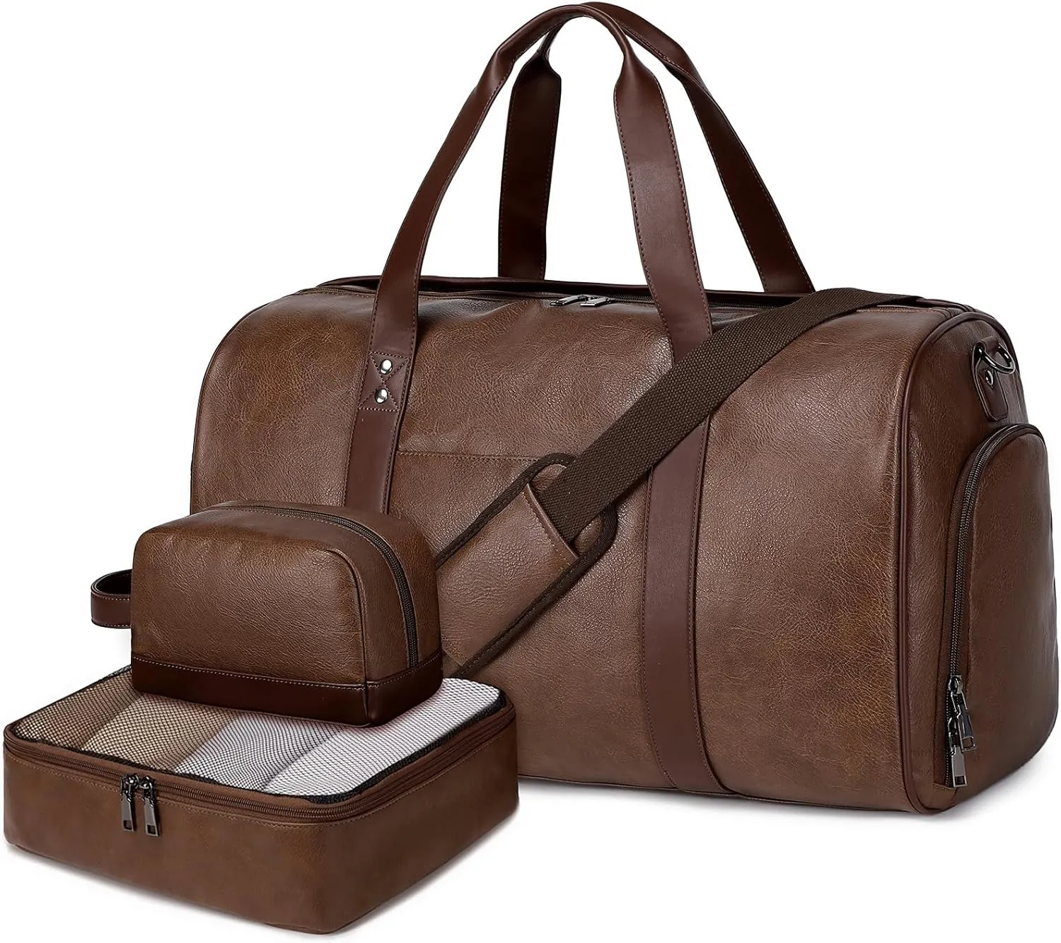Wogarl 3PCS Faux Leather Weekender Bag for Women Men Large Overnight Bag Travel Duffel Bag with Shoe Compartment Toiletry Packing Cube Carry On Bag Fit 21" Laptop(Coffee)