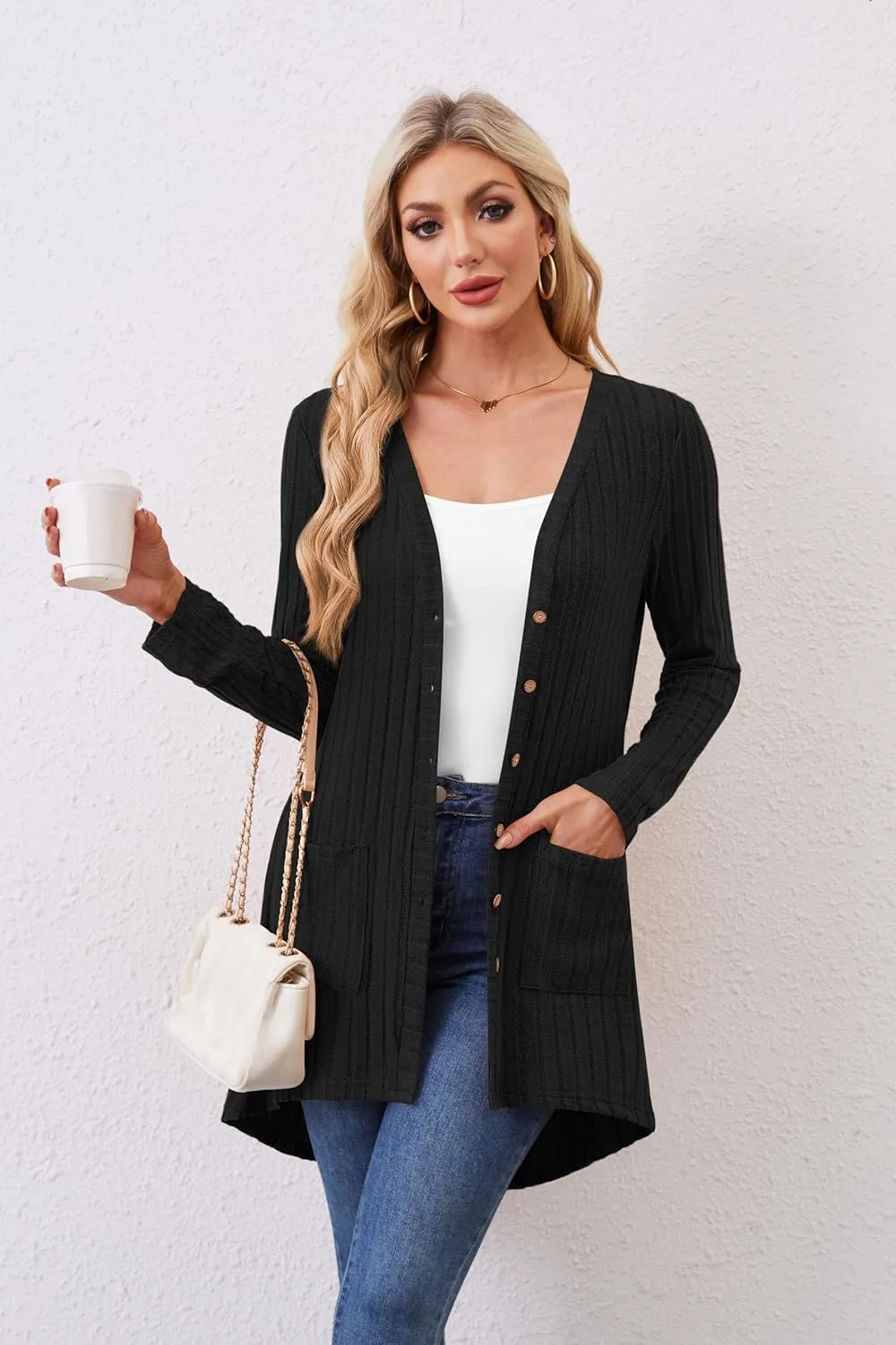 Women Cardigans Open Front Lightweight Button Down Duster Long Cardigan Vertical Stripes Pockets for Casual Fall