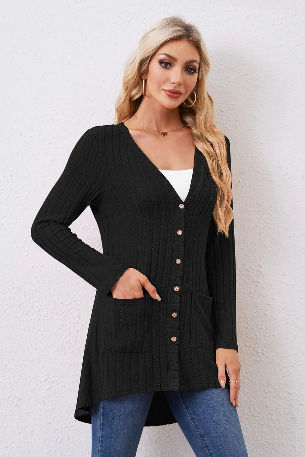Women Cardigans Open Front Lightweight Button Down Duster Long Cardigan Vertical Stripes Pockets for Casual Fall
