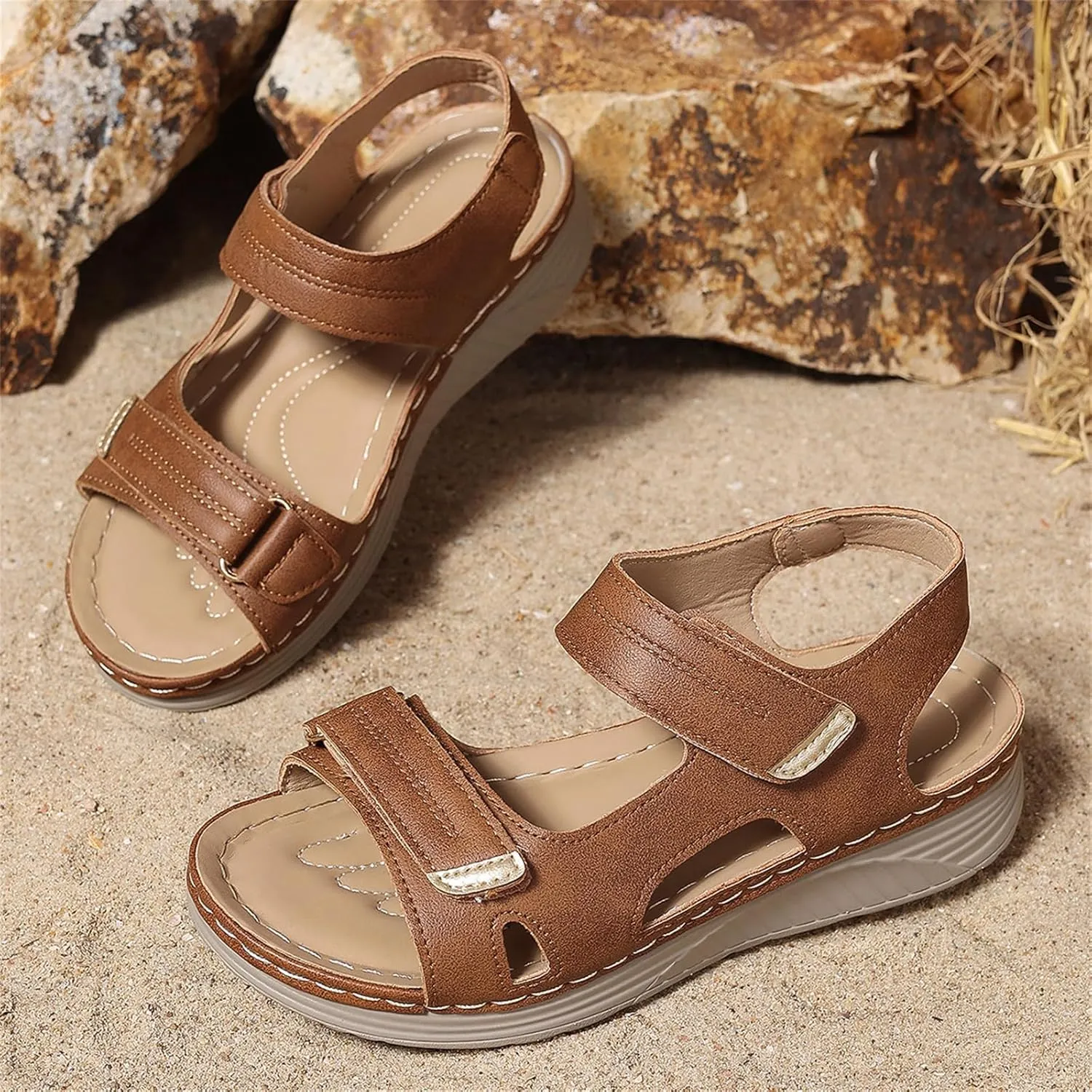 Women Comfortable Sandals Orthotic Walking Orthopedic Arch Support Dressy Sandal Non-Slip Peep Toe Slingback Wide Width Adjustable Hook Loop Flip Flops 2025 Casual Platform Hollow Flat Shoes