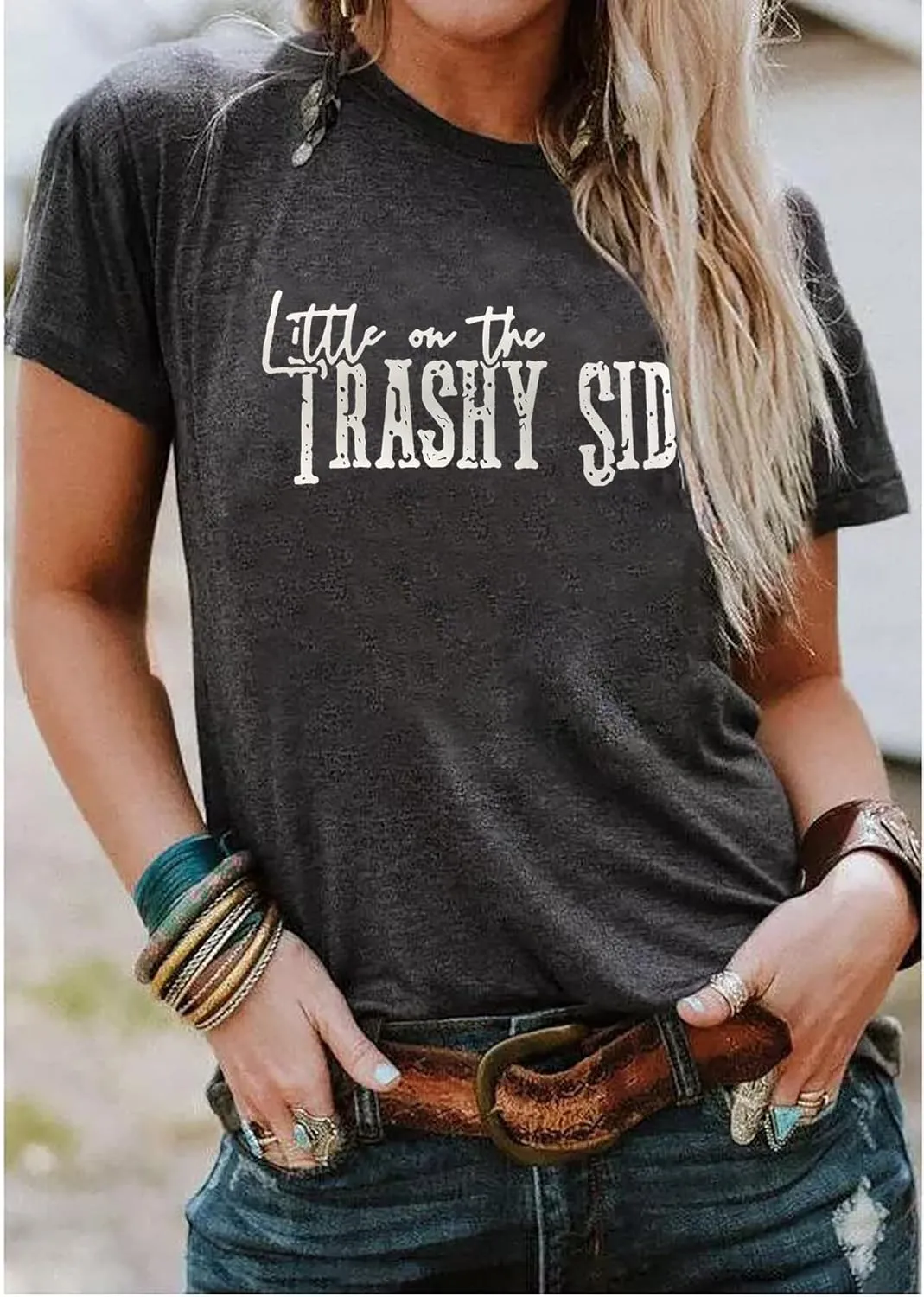 Women Little on The Trashy Side T Shirt Funny Country Music Short Sleeve Shirt Casual Vintage Letter Print Tee Tops