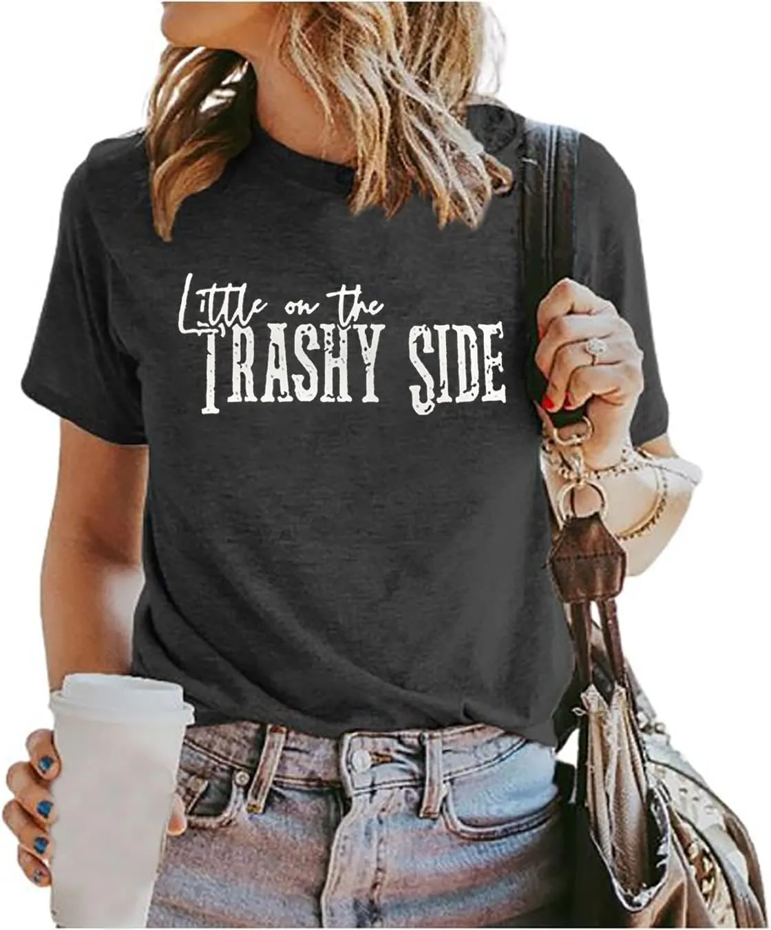 Women Little on The Trashy Side T Shirt Funny Country Music Short Sleeve Shirt Casual Vintage Letter Print Tee Tops