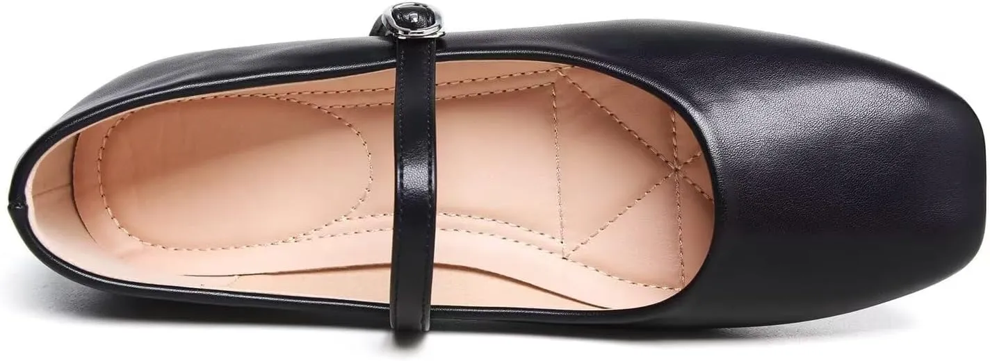 Women Mary Jane Flat Shoes Soft Patent Leather Square Toe Adjustable Buckle Strap Casual Ballet Dance Shoes