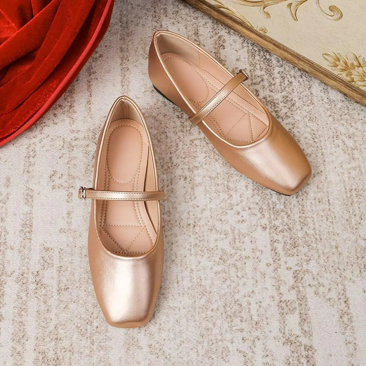 Women Mary Jane Flat Shoes Soft Patent Leather Square Toe Adjustable Buckle Strap Casual Ballet Dance Shoes