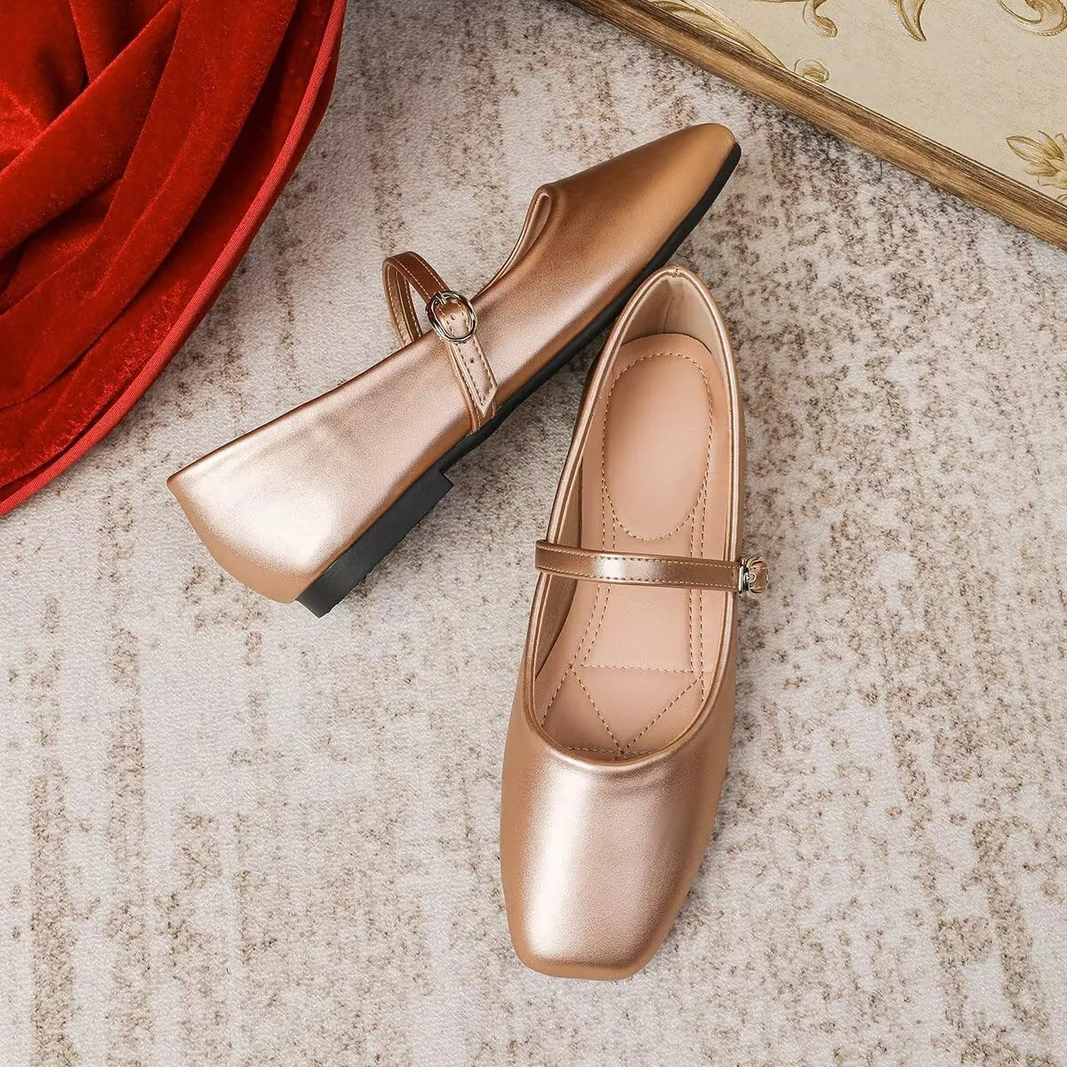 Women Mary Jane Flat Shoes Soft Patent Leather Square Toe Adjustable Buckle Strap Casual Ballet Dance Shoes
