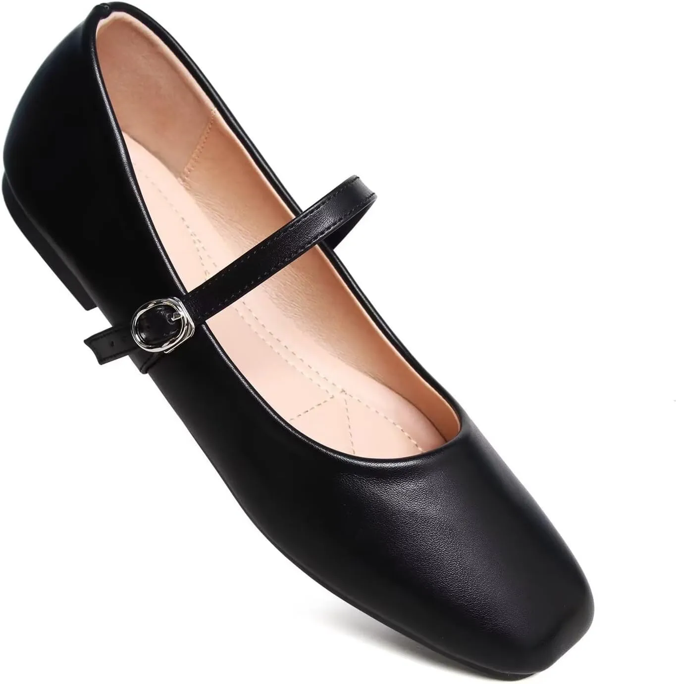 Women Mary Jane Flat Shoes Soft Patent Leather Square Toe Adjustable Buckle Strap Casual Ballet Dance Shoes