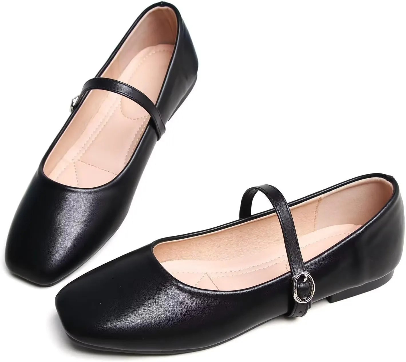 Women Mary Jane Flat Shoes Soft Patent Leather Square Toe Adjustable Buckle Strap Casual Ballet Dance Shoes