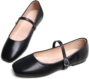 Women Mary Jane Flat Shoes Soft Patent Leather Square Toe Adjustable Buckle Strap Casual Ballet Dance Shoes