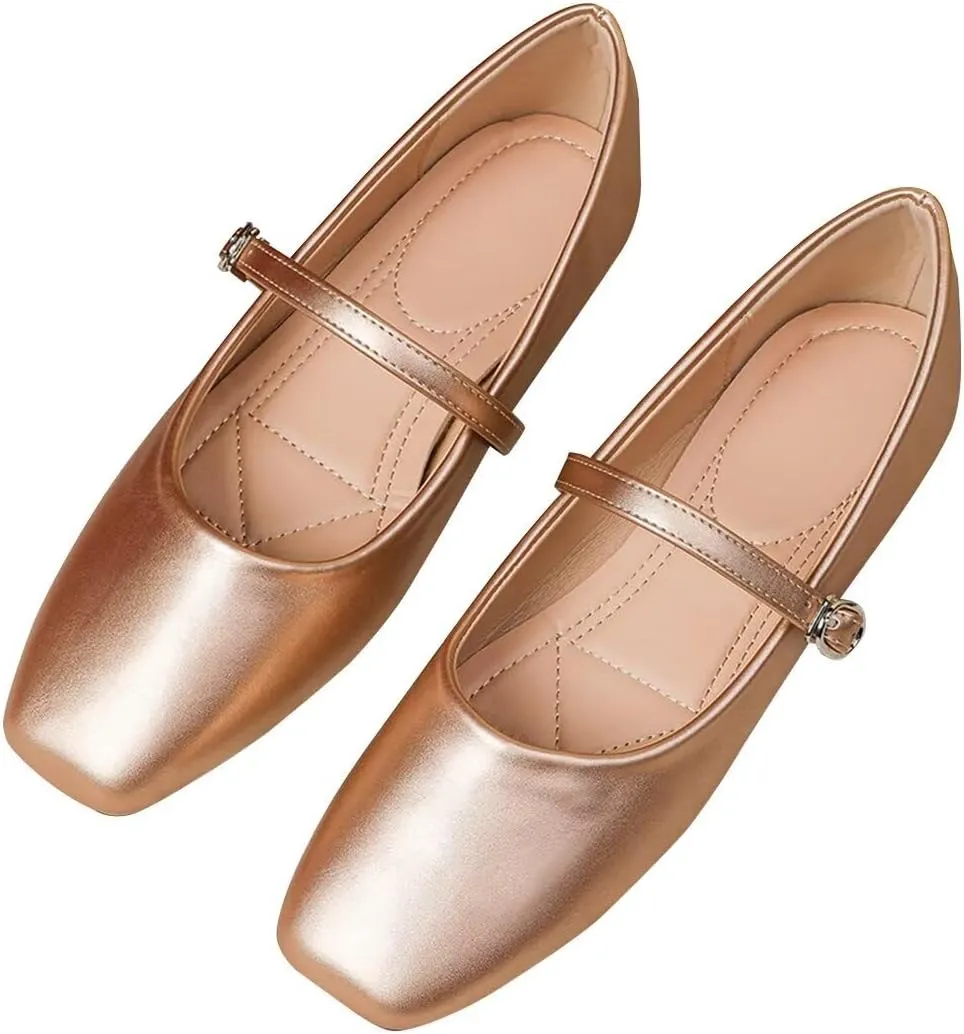 Women Mary Jane Flat Shoes Soft Patent Leather Square Toe Adjustable Buckle Strap Casual Ballet Dance Shoes