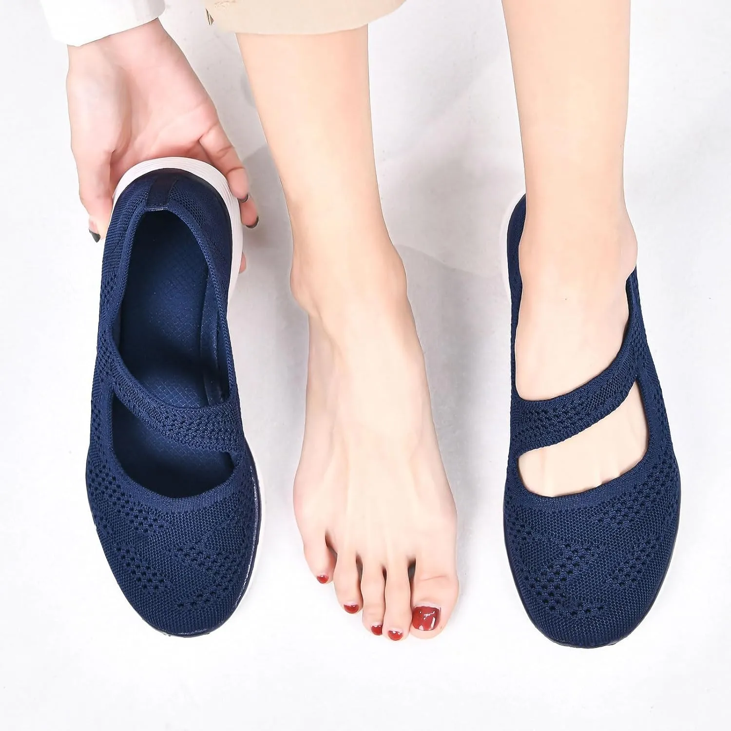 Women Mary Jane Shoes Slip On Walking Flats Comfortable Dressy Knit Washable Casual Nurse Shoe with Arch Support
