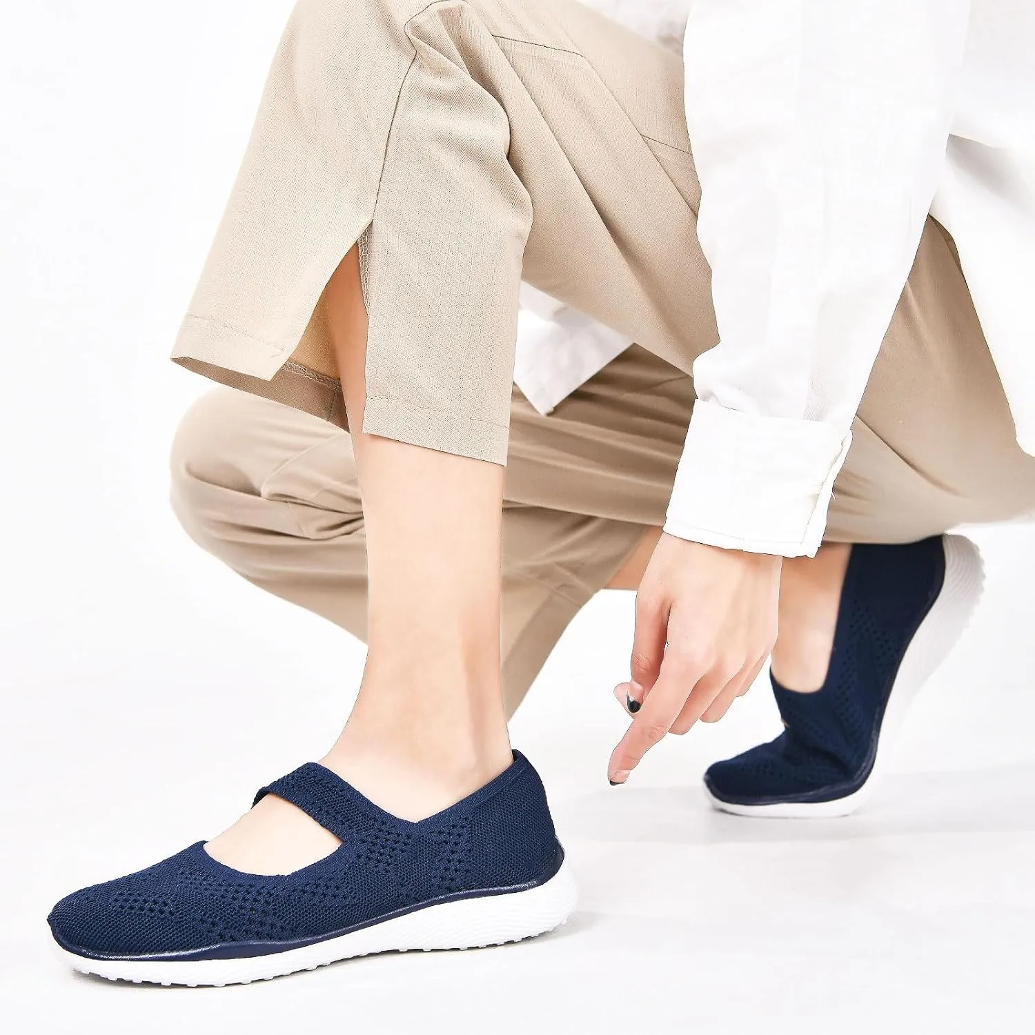 Women Mary Jane Shoes Slip On Walking Flats Comfortable Dressy Knit Washable Casual Nurse Shoe with Arch Support