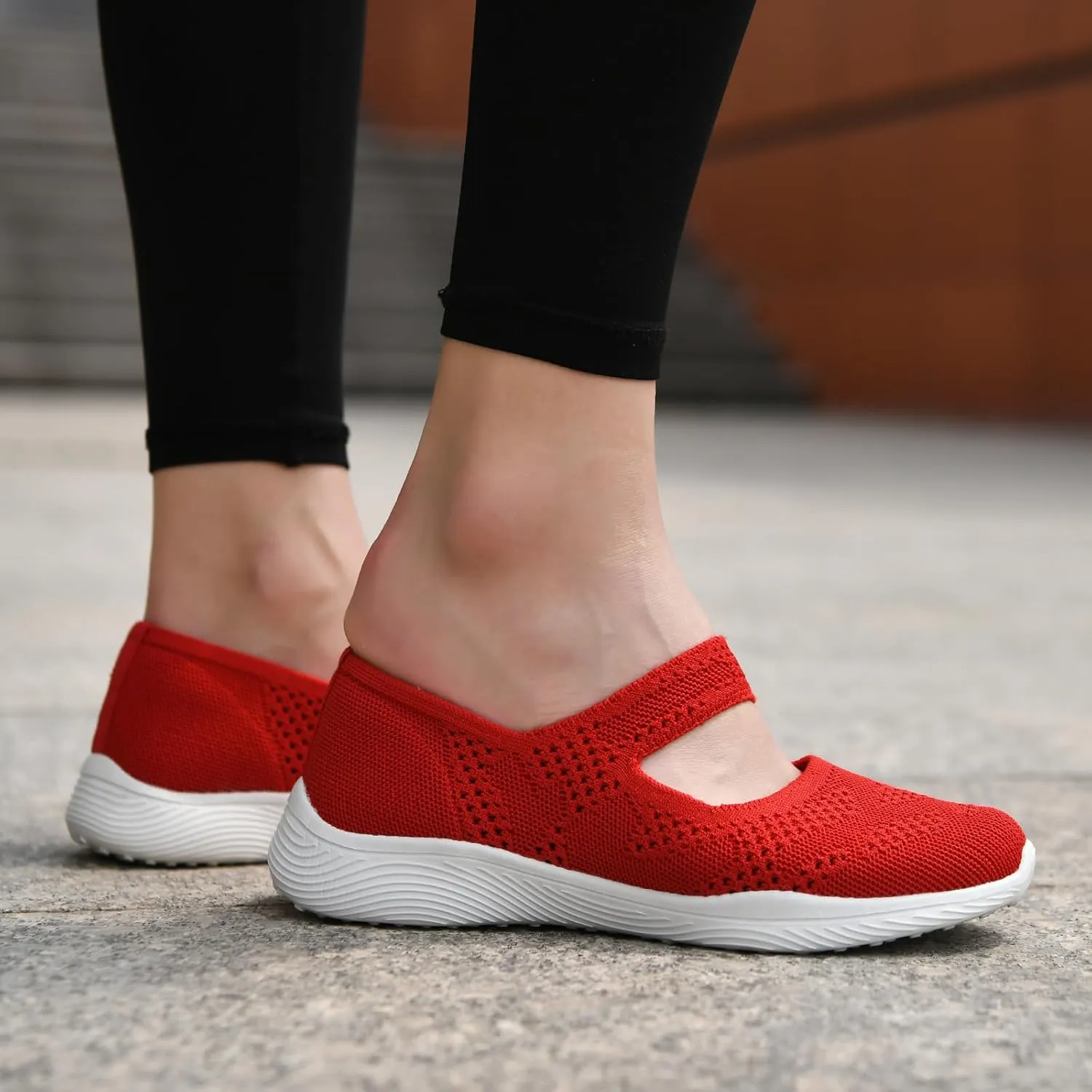 Women Mary Jane Shoes Slip On Walking Flats Comfortable Dressy Knit Washable Casual Nurse Shoe with Arch Support