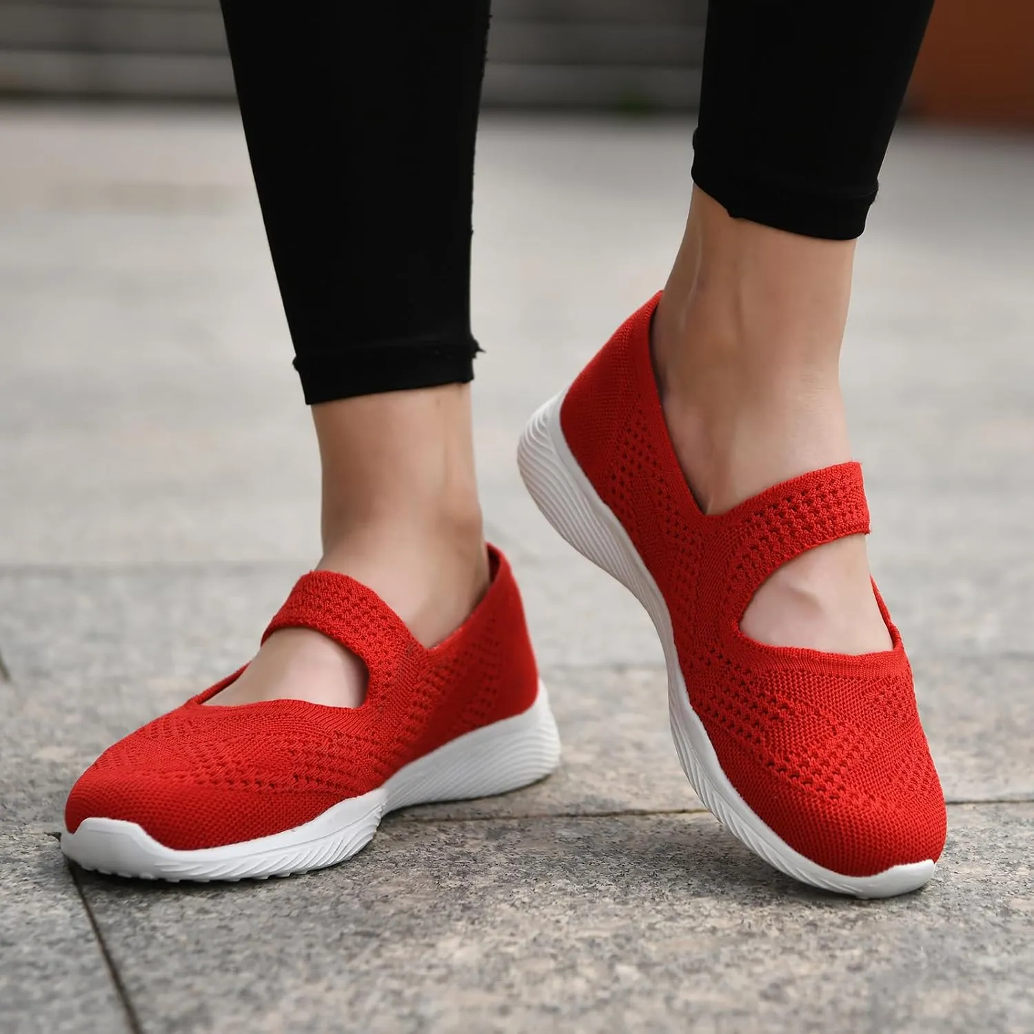 Women Mary Jane Shoes Slip On Walking Flats Comfortable Dressy Knit Washable Casual Nurse Shoe with Arch Support