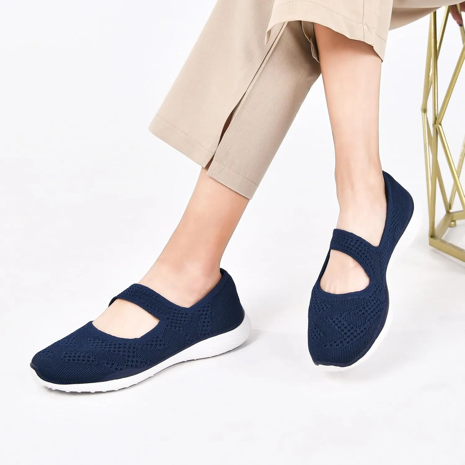Women Mary Jane Shoes Slip On Walking Flats Comfortable Dressy Knit Washable Casual Nurse Shoe with Arch Support
