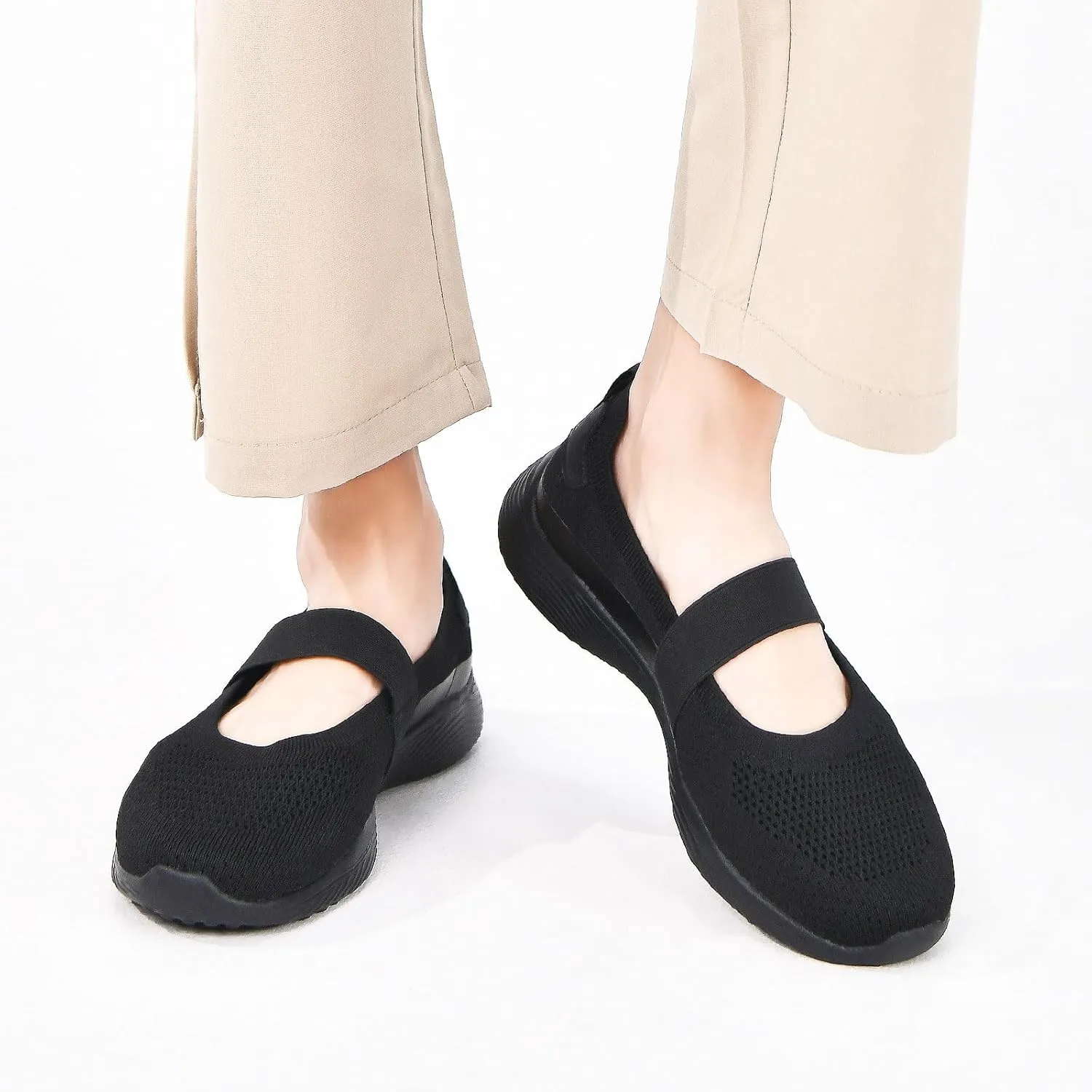 Women Mary Jane Shoes Slip On Walking Flats Comfortable Dressy Knit Washable Casual Nurse Shoe with Arch Support