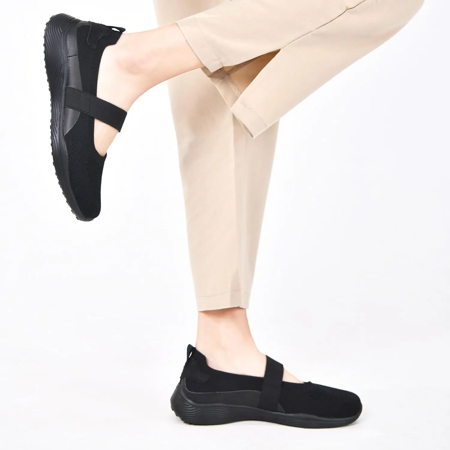 Women Mary Jane Shoes Slip On Walking Flats Comfortable Dressy Knit Washable Casual Nurse Shoe with Arch Support