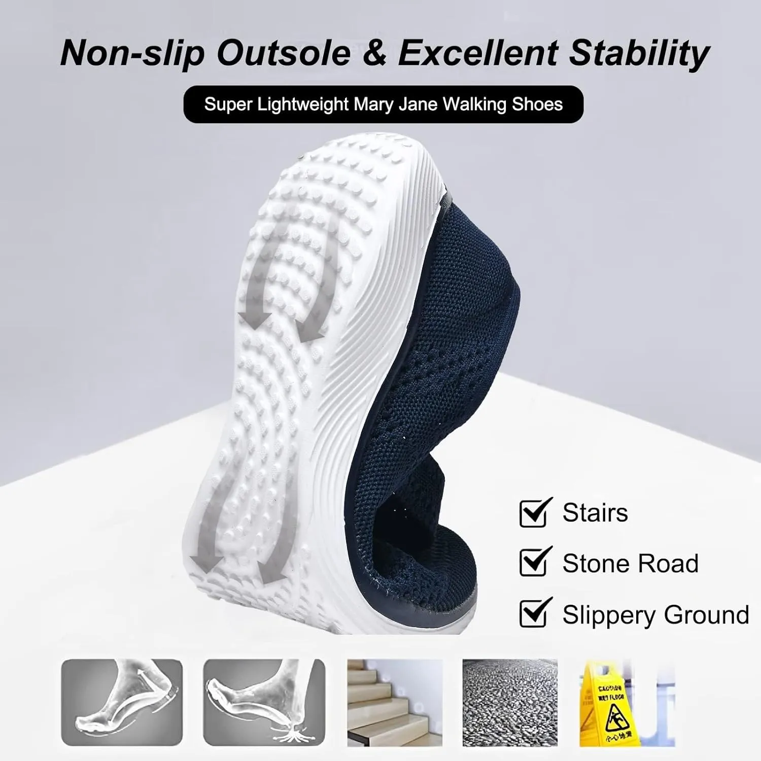 Women Mary Jane Shoes Slip On Walking Flats Comfortable Dressy Knit Washable Casual Nurse Shoe with Arch Support