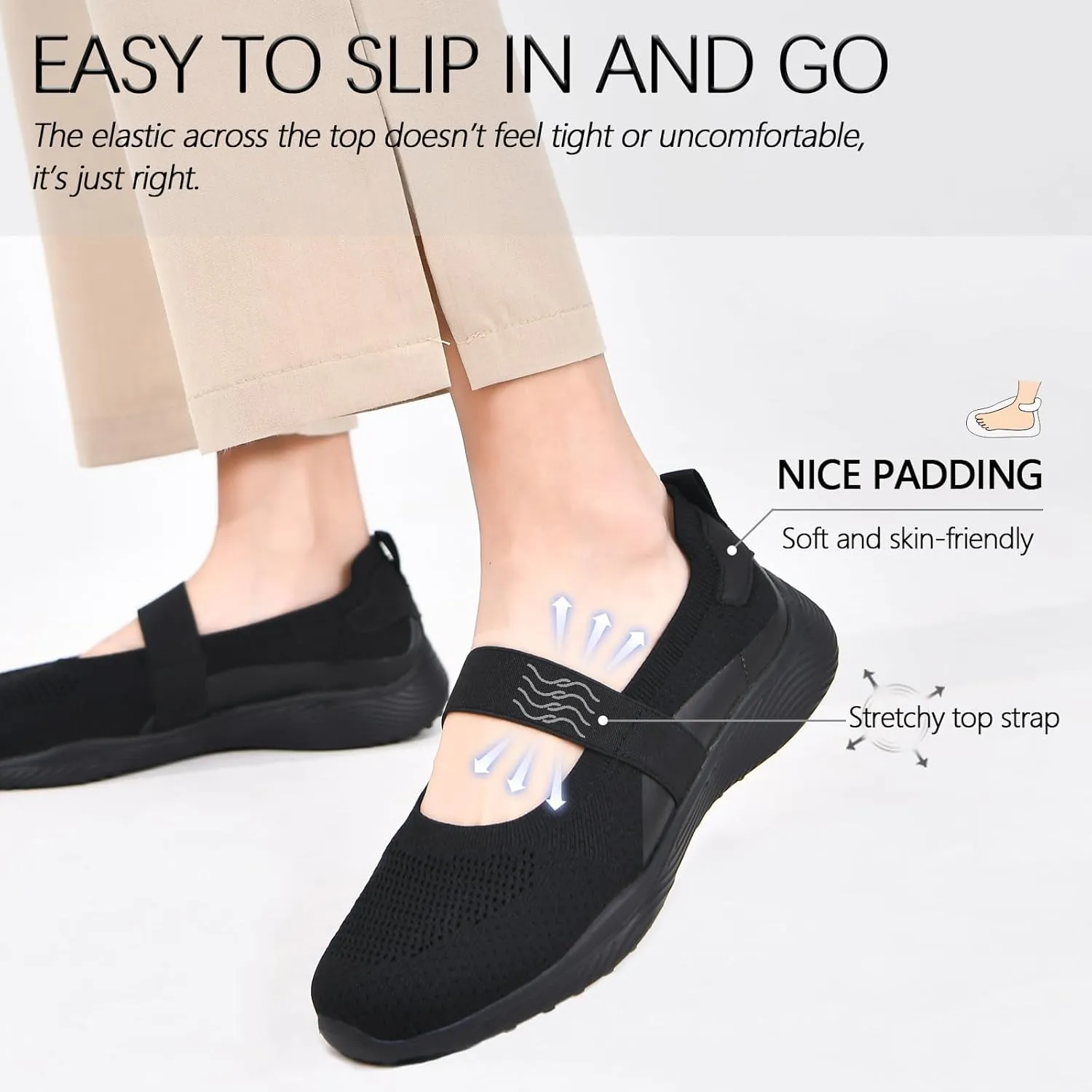 Women Mary Jane Shoes Slip On Walking Flats Comfortable Dressy Knit Washable Casual Nurse Shoe with Arch Support