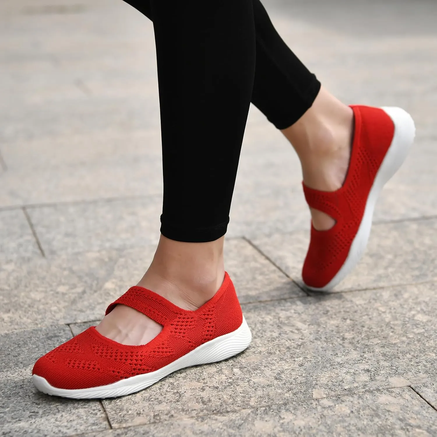 Women Mary Jane Shoes Slip On Walking Flats Comfortable Dressy Knit Washable Casual Nurse Shoe with Arch Support