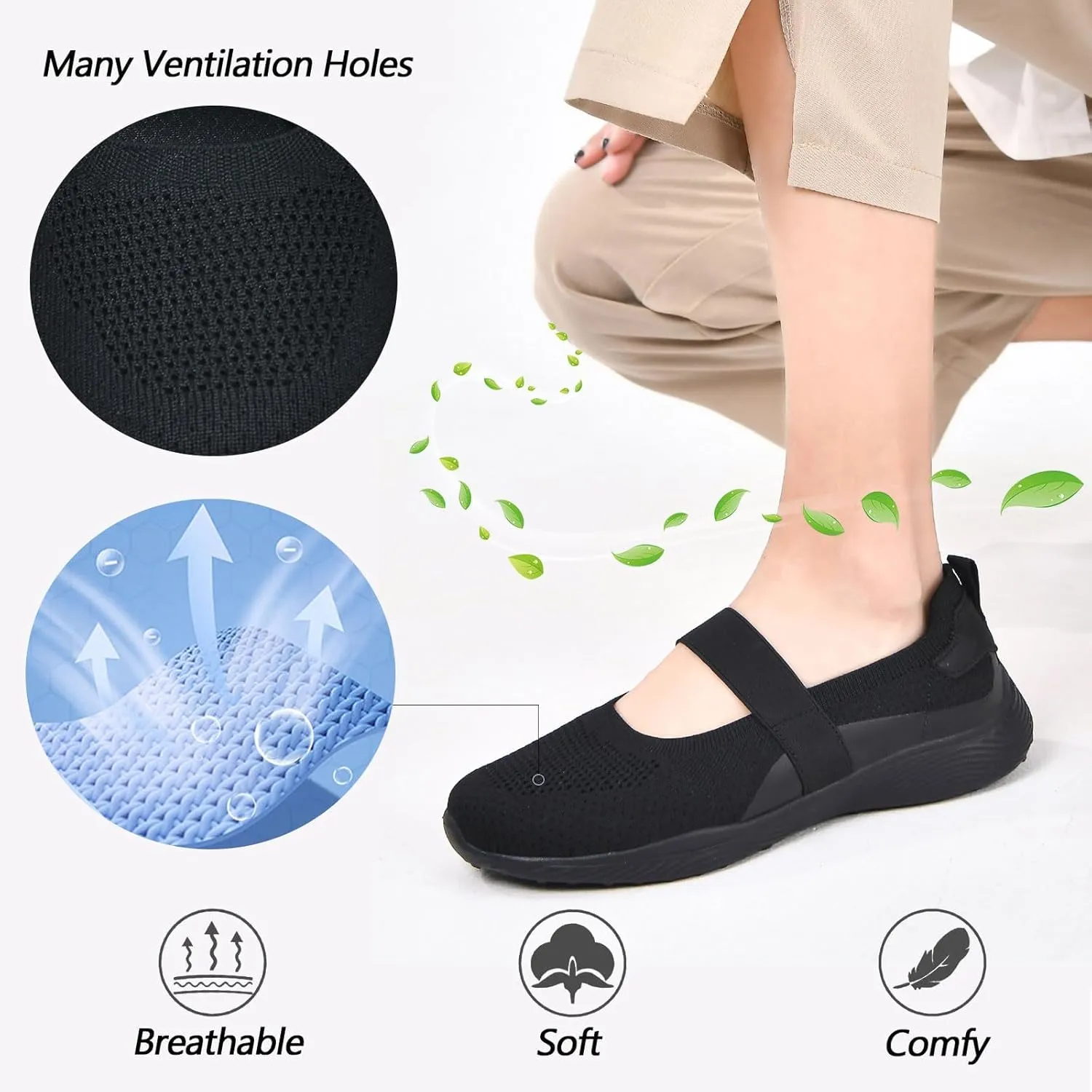 Women Mary Jane Shoes Slip On Walking Flats Comfortable Dressy Knit Washable Casual Nurse Shoe with Arch Support