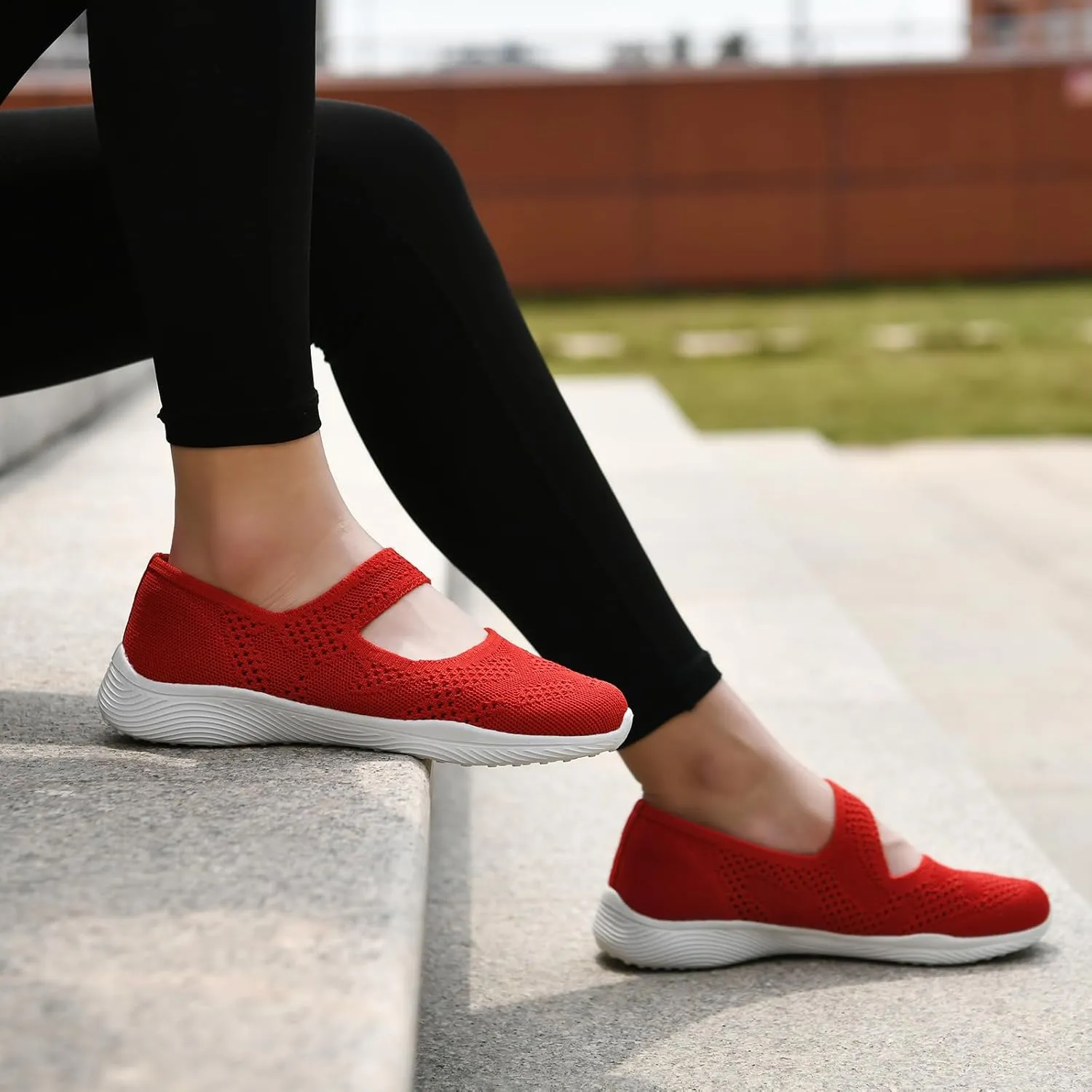 Women Mary Jane Shoes Slip On Walking Flats Comfortable Dressy Knit Washable Casual Nurse Shoe with Arch Support