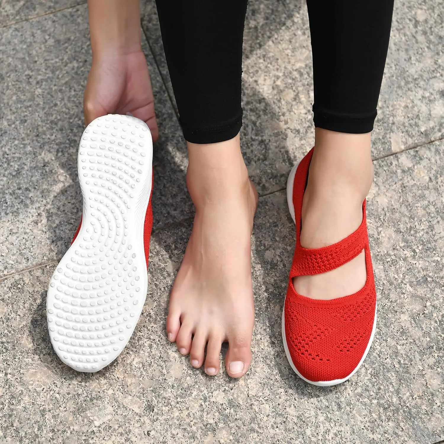 Women Mary Jane Shoes Slip On Walking Flats Comfortable Dressy Knit Washable Casual Nurse Shoe with Arch Support