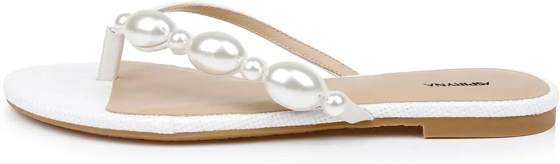 Women Pearls Split Toe Flip Flops Slip on Comfortable Flat Slippers Summer Beach Indoor Outdoor Fashion Slide Sandals Size 4-16 US