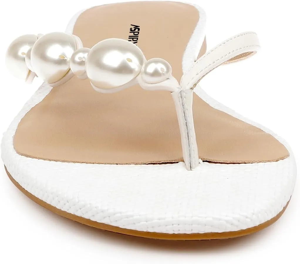 Women Pearls Split Toe Flip Flops Slip on Comfortable Flat Slippers Summer Beach Indoor Outdoor Fashion Slide Sandals Size 4-16 US