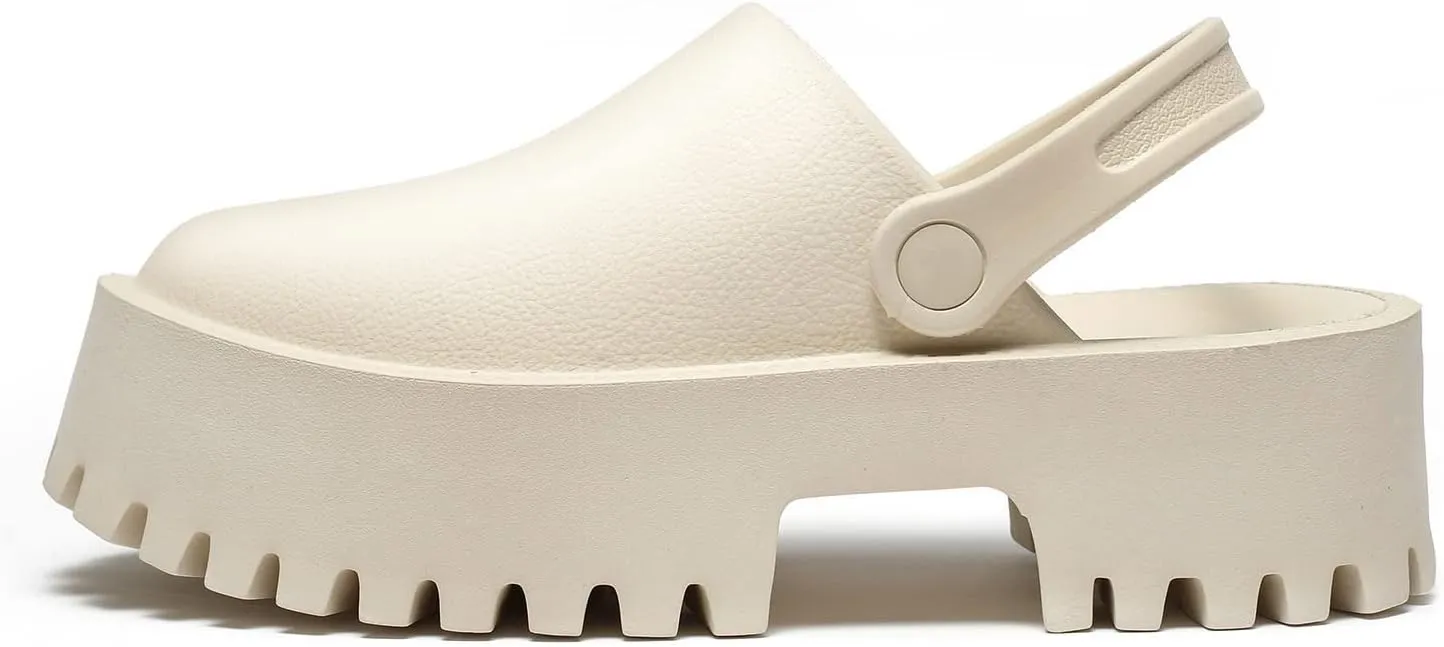 Women Platform Thick Soled Slippers,Beige Slip On Clogs Casual Non Slip Home Lazy Waterproof Fashion Sandals