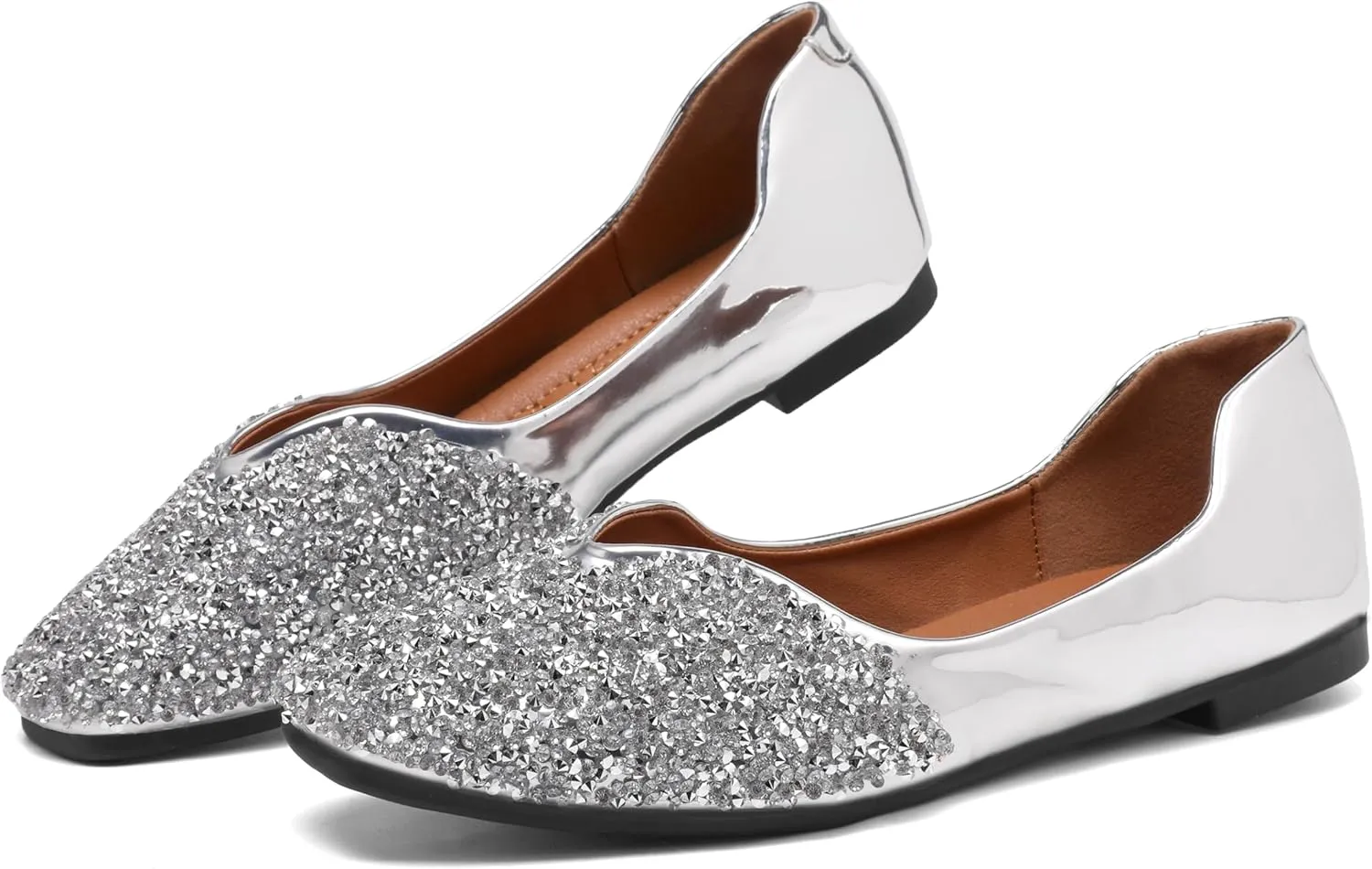 Women Rhinestone Flats Silver,Square Toe Bling Glitter Dressy Casual Bridal Wedding Sparkly Comfortable Shoe