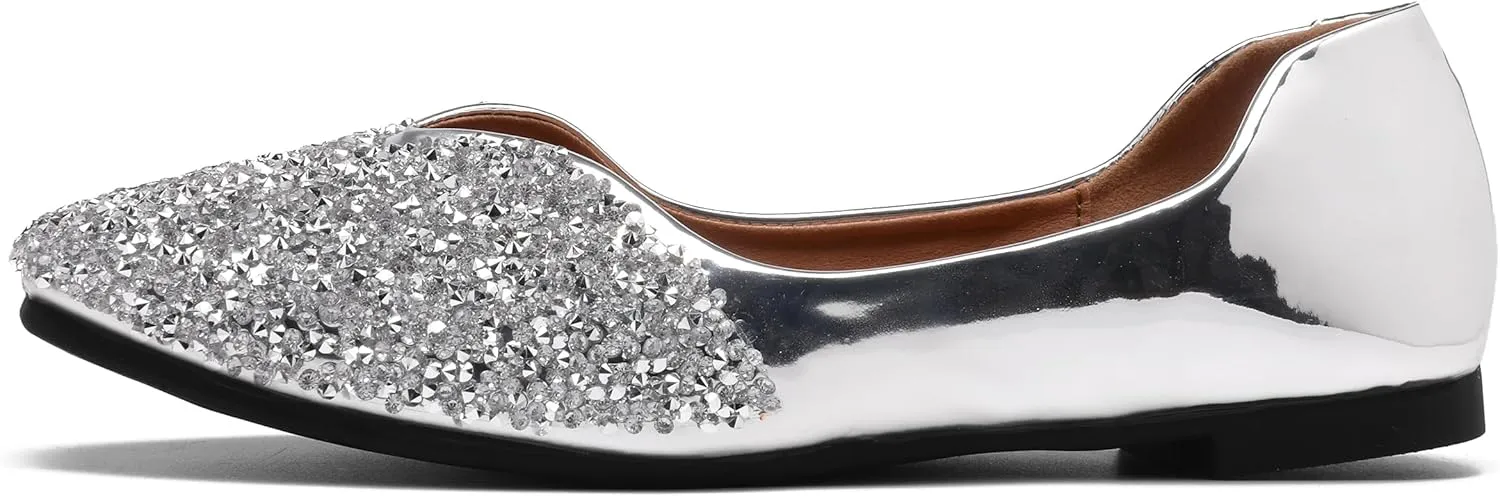 Women Rhinestone Flats Silver,Square Toe Bling Glitter Dressy Casual Bridal Wedding Sparkly Comfortable Shoe