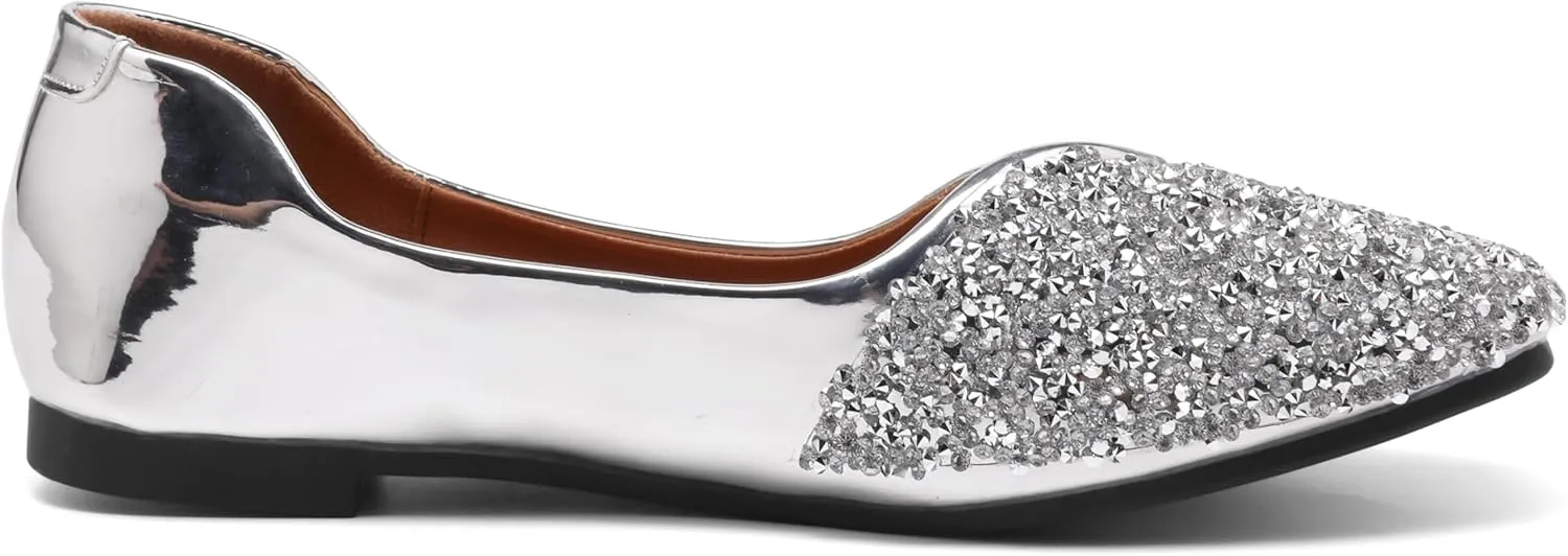 Women Rhinestone Flats Silver,Square Toe Bling Glitter Dressy Casual Bridal Wedding Sparkly Comfortable Shoe