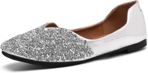 Women Rhinestone Flats Silver,Square Toe Bling Glitter Dressy Casual Bridal Wedding Sparkly Comfortable Shoe
