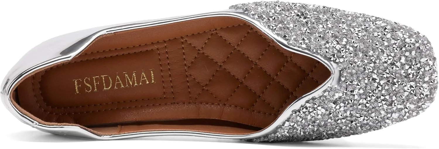 Women Rhinestone Flats Silver,Square Toe Bling Glitter Dressy Casual Bridal Wedding Sparkly Comfortable Shoe