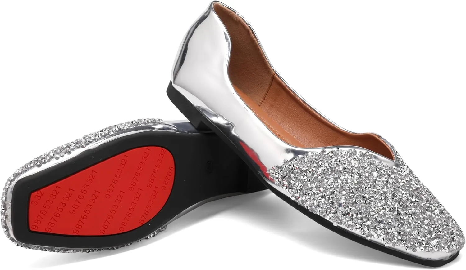 Women Rhinestone Flats Silver,Square Toe Bling Glitter Dressy Casual Bridal Wedding Sparkly Comfortable Shoe