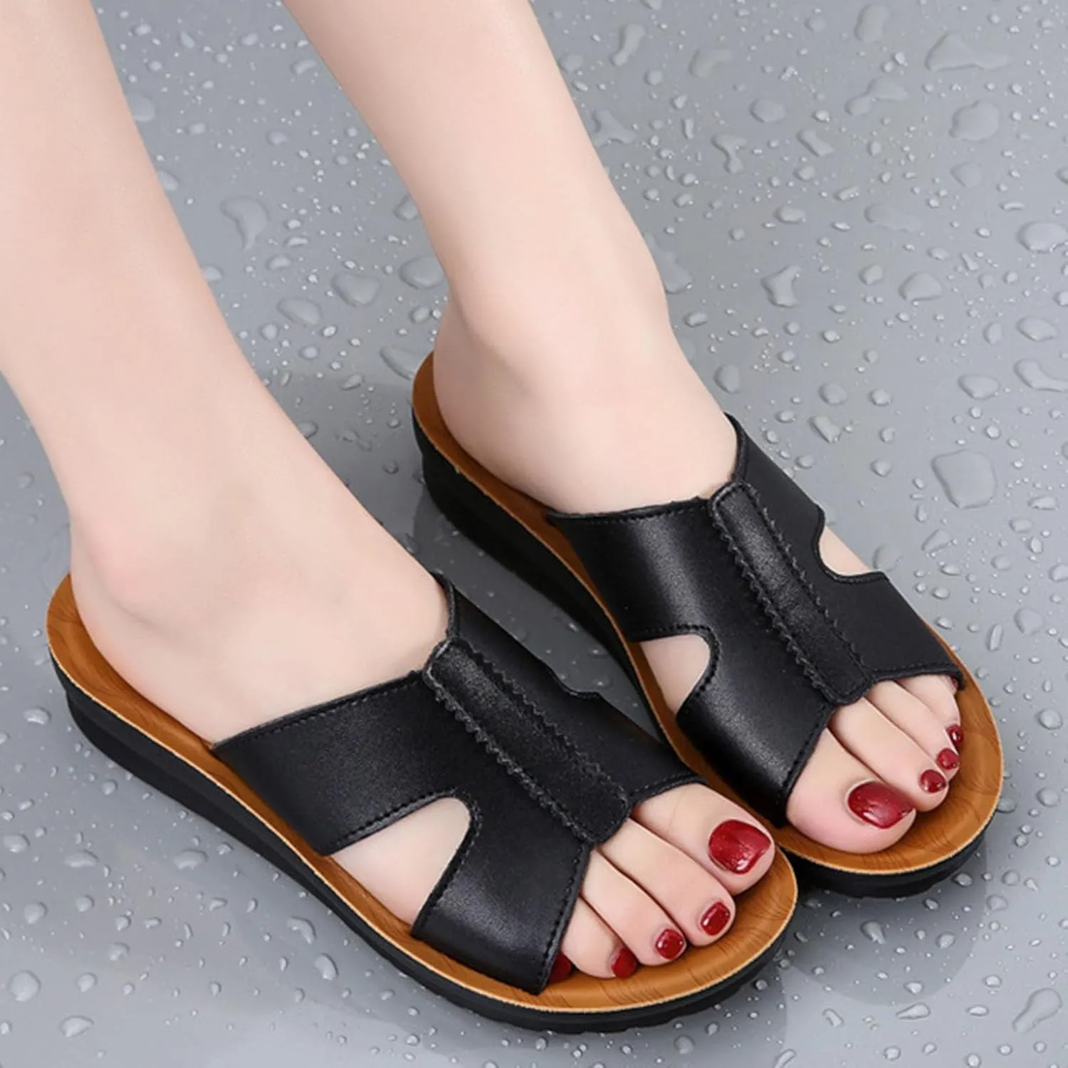 Women Slip on Roman Sandals Open Toe Summer Slides Comfortable Thick Sole Slippers Anti-Slip Lightweight Flat Sandal